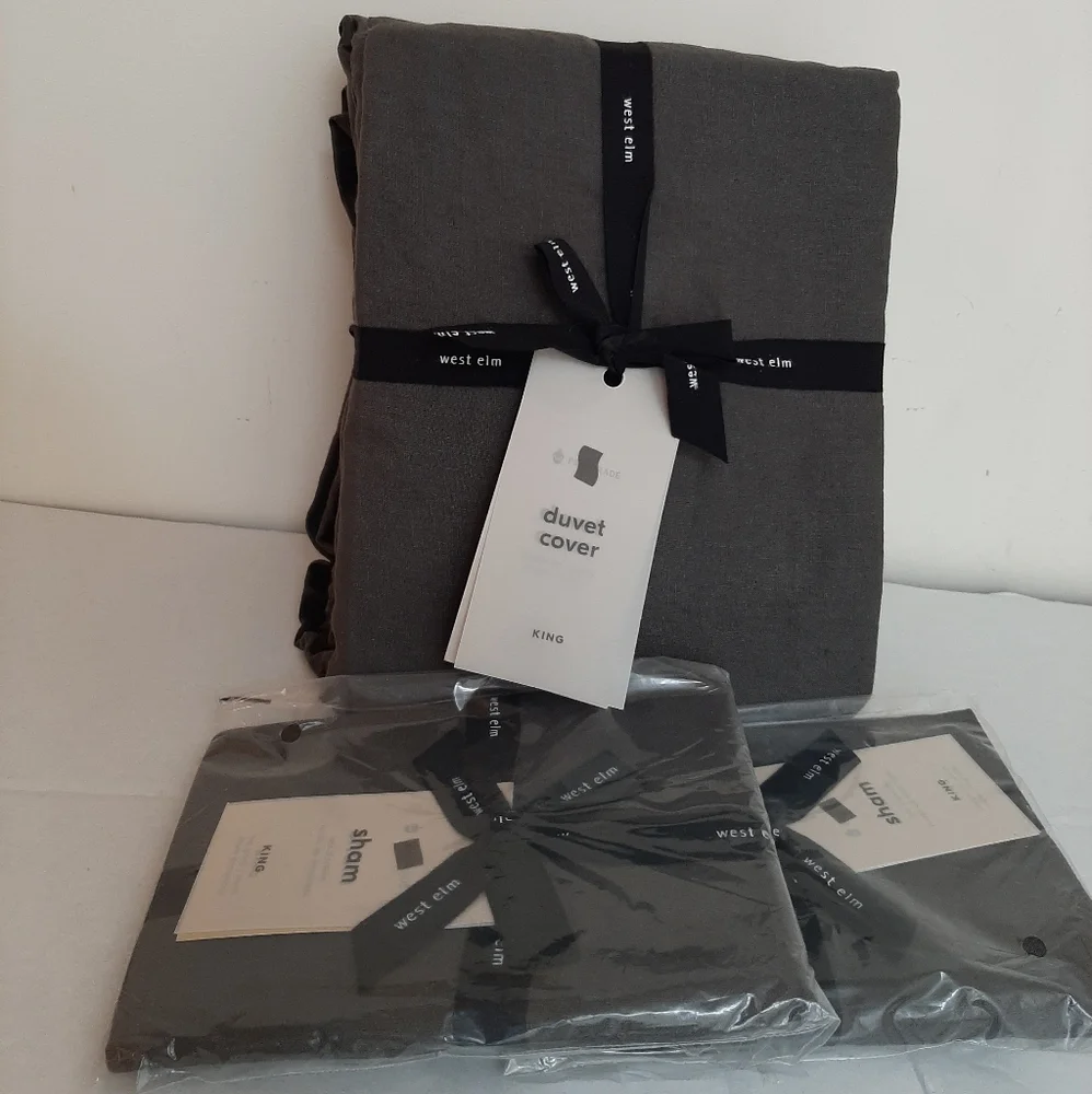 West Elm KING Belgian Flax Linen Duvet cover & 2 King shams Slate